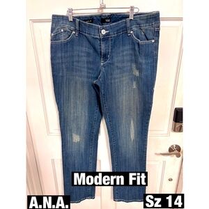A.N.A. Modern Fit Embroidered Distress Jeans Sz 14 Straight Leg Baggy. New